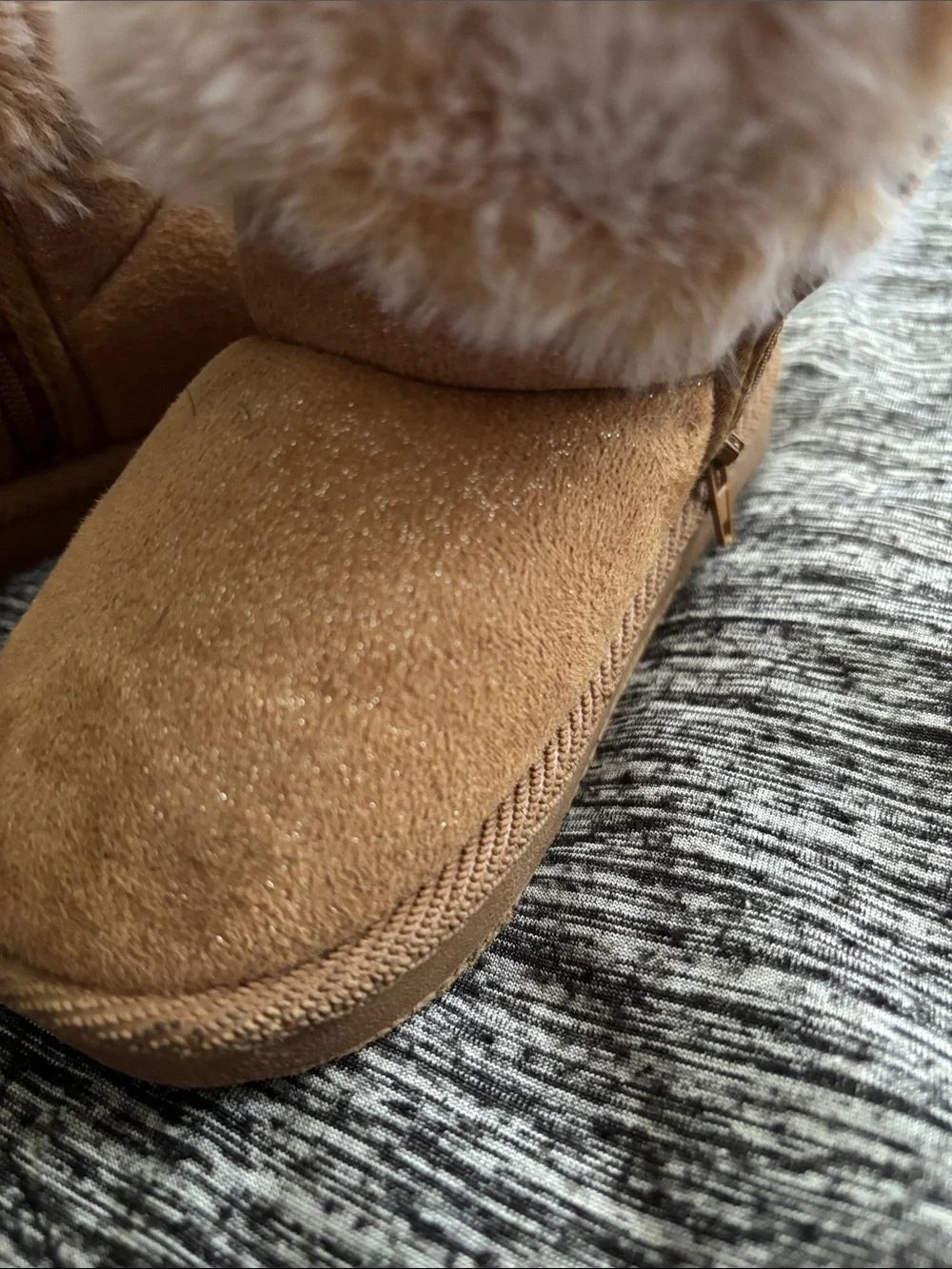 Cozy Faux-Fur Bow Kids Boots in Tan